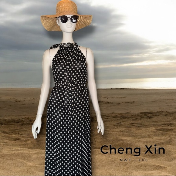 Cheng Xin NWT Dress Black White Polka Dot Halter Neck Maxi Resortwear Size XXL - Picture 10 of 16